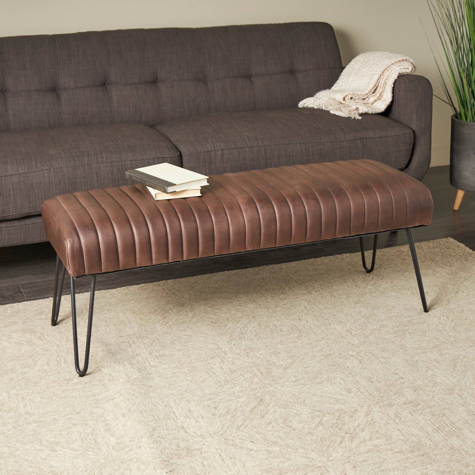 4ft. Dark Brown Leather Upholstered Bench with Hairpin Legs